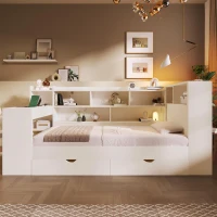 4ft6 Double Daybed with Built-In Desk and Storage Drawers, Modern Wooden Frame Sleeper Bed for Home Office, 263L x 159W x 100H cm, White(m-7)