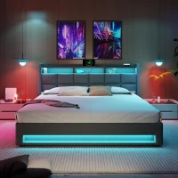 Vintage-Look King Bed with LED Lighting, Stylish Bed Frame with Gas-Lift Under-Bed Storage Space, 210L x 185W x 117H cm, Grey(m-8)
