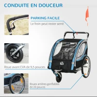 HOMCOM Remorque vélo pour enfant 2 en 1 convertible jogger poussette capacité 26,4 kg avec réflecteurs et drapeau - 2 places  - bleu(m-5)