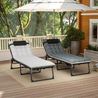 Outsunny Lot de 2 bains de soleil, chaise longue pliante et inclinable, coussin, appui-tête, poche latérale, 60x190x31cm, gris(m-9)