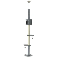 PawHut Floor to Ceiling Cat Tree for Indoor Cats, Kitten Tower, Condo, Multi-Layer Activity Center, Indoor Pet Play House with Solid Scratching Post Hanging Balls, Light Grey(m-10)