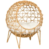 Pawhut Rattan Katzenkorb Katzenhöhle Katzenhütte Katzenbett mit Kissen erhöhtes Design Haustierbett Braun Ø45 x 57H cm(m-1)