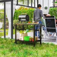 Outsunny Outdoor Grill Dining Cart 2-Shelf Movable Pizza Oven Table Stand with Stainless Steel Top, Portable BBQ Trolley Food Prep Outdoor Kitchen Barbecue Station with Hooks Wheels, Charcoal Grey(m-10)