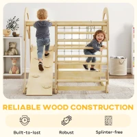 AIYAPLAY 6 in 1 Kids Climbing Frame with Slide, Monkey Bars, Gymnastics Rings, Ladder, Climbing Net, for 3-6 Years, Natural Tone(m-6)