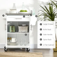 HOMCOM Wooden Kitchen Island on Wheels, Serving Cart Storage Trolley with Stainless Steel Top, Drawer, Side Handle and Rack, White(m-4)