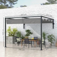 Outsunny Pérgola de Jardín de Pared 297x211x220 cm Cenador con Techo Retráctil y Marco de Acero para Patio Terraza Gris Oscuro(m-3)