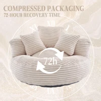 Plush Oversized Bean Bag Chair with High Back & 3 Pillows, Cozy Corduroy Floor Lounger Sofa for Living Room, 108L x 108W x 52H cm, Beige(m-5)