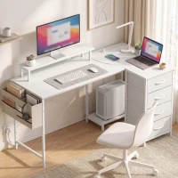 HOMCOM L Shaped Gaming Desk Reversible Power Outlets Corner Desk Storage Drawers Monitor Shelf 150 cm White(m-2)