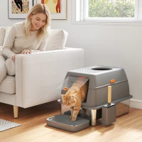 PawHut Bac à litière fermé maison de toilette pour chat acier inoxydable couvercle marche anti-dispersion 60x40x38cm gris foncé(m-2)