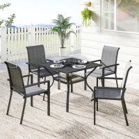 Outsunny 5 Pieces Outdoor Dining Set for 4, Garden Table and Stackable Chairs with Breathable Mesh Seat and Parasol Hole, Grey(m-10)