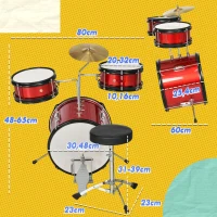 AIYAPLAY Bateria para Crianças de +3 Anos com Banco Ajustável Tambores Bombo Prato Pedal e Baquetas 80x60x48-65 cm Vermelho(m-3)