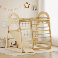 AIYAPLAY 6 in 1 Kids Climbing Frame with Slide, Monkey Bars, Gymnastics Rings, Ladder, Climbing Net, for 3-6 Years, Natural Tone(m-10)