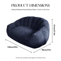 Plush 2-Seater Bean Bag Sofa with High Density Sponge, Cosy Lazy Couch for Gaming Room and Pet-Playing Room, 140L x 98W x 61H cm, Blue(m-3)