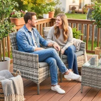 Outsunny Lot de 2 fauteuils de jardin en résine tressée, chaises de jardin extérieures avec coussins et dossier haut, gris(m-11)