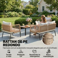 Outsunny Conjunto Jardim de 4 Peças Móveis de Exterior com Sofá de 2 Lugares 2 Poltronas e Mesa de WPC Branco e Castanho(m-6)