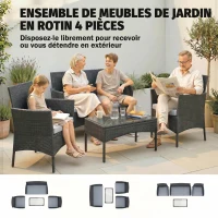 Outsunny Salon de jardin extérieur 4 personnes en résine tressée avec canapés et table basse en verre trempé coussins inclus gris(m-4)