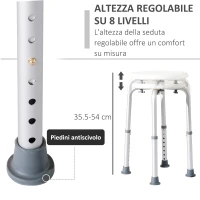 HOMCOM Sgabello da Doccia Girevole a 360° con Piedini Antiscivolo e Regolabile in Altezza su 8 Livelli, Sgabello per Doccia in Alluminio e PE, 32.5x41x35.5-54 cm, Bianco(m-4)