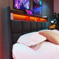 Vintage-Look King Bed with LED Lighting, Stylish Bed Frame with Gas-Lift Under-Bed Storage Space, 210L x 185W x 117H cm, Grey(m-9)