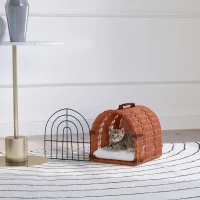 PawHut Transporttasche für Katze Hund aus Weide geflochten Korbhöhle mit Kissen Gitter für Transport Katzen Hunden Braun Metall 42 x 35 x 37 cm(m-10)