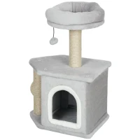 PawHut Arranhador para Gatos com Cama Caverna Plataforma Bola Suspensa e Poste de Juta 42x30x66 cm Cinza e Bege(m-11)