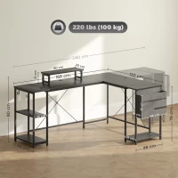 HOMCOM 168cm Reversible L Shaped Desk, Industrial Corner Computer Desk with Adjustable Shelf and Storage Bag, 240cm 2 Person PC Table with Monitor Stand, Black(m-3)