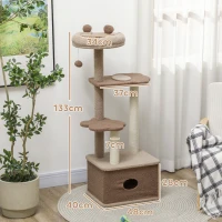 PawHut Arranhador para Gatos com Cama Caverna Plataformas Bola Suspensa e Poste de Juta 48x40x133 cm Marrom(m-3)