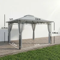 Outsunny Carpa para Jardim com Telhado Duplo Gazebo com Paredes de Rede UPF50+ para Exterior Terraço 360x300x275 cm Cinzento(m-3)