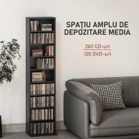 HOMCOM Raft pentru CD-uri cu 9 Rafturi Reglabile, Capacitate pentru 260 CD-uri/120 DVD-uri, 33x24x140 cm, Negru(m-4)