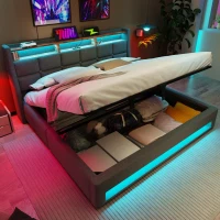 Vintage-Look King Bed with LED Lighting, Stylish Bed Frame with Gas-Lift Under-Bed Storage Space, 210L x 185W x 117H cm, Grey(m-1)