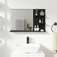 kleankin Specchio Bagno Moderno con 2 Ripiani Laterali e Ripiano Inferiore, in Legno e Vetro, 75x10x48 cm, Nero(m-6)