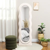 HOMCOM Espejo de Cuerpo Entero 160x50 cm Diseño Ondulado Marco con Tela de Terciopelo para Salón Dormitorio Crema(m-7)
