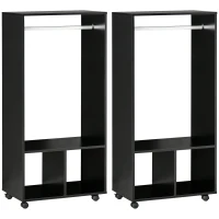 HOMCOM Lot de 2 portants à vêtements penderie mobile avec roulettes 2 niches + Grand Espace penderie en bois noir(m-11)