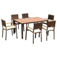 Outsunny Ensemble de table et 6 chaises de jardin en résine tressée avec coussins d'assise et plateau table en bois d'acacia - marron(m-11)
