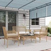 Outsunny Conjunto de Móveis de Jardim de Vime de 4 Peças de Varanda com 1 Sofá de 2 Lugares 2 Poltronas e Mesa de Centro Bege(m-2)