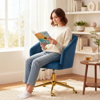 HOMCOM Cadeira de Escritório com Rodas de Veludo com Encosto Acolchoado Altura Ajustável e Espuma de Alta Resiliência Azul(m-9)