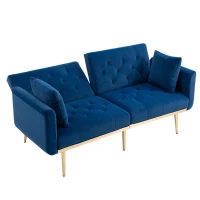 Modern 2-Seater Sofa Bed with 3-Position Adjustable Backrest, Soft Velvet Convertible Couch for Living Room, 72.5L x 165W x 75H cm, Navy(m-6)
