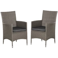 Outsunny 2 Pieces Outdoor PE Rattan Dining Chairs Set with Cushion, Garden Armchair with Armrests, High Backrest, Metal Frame Patio Wicker Furniture, Grey(m-10)