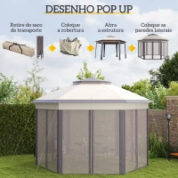 Outsunny Tenda Dobrável 4x3,4 m Hexagonal com Duplo Teto 6 Mosquiteiras Destacáveis e Saco de Transporte Castanho e Bege(m-4)