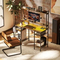 HOMCOM Computer Desk with Power Outlets and LED Lights, Home Office Desk with Monitor Stand, 2 CPU Stands and Storage Shelves, Study Table Gaming Desk with Hutch, Rustic Brown(m-10)