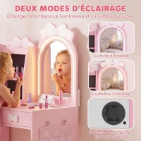 AIYAPLAY Coiffeuse pour Enfants avec Tabouret et Miroir Lumineux à 2 Couleurs en Acrylique, Coiffeuse Bureau Fille 3-8 Ans, Rose(m-5)