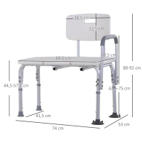 HOMCOM Tabouret de douche chaise de douche dossier ergonomique hauteur réglable pieds antidérapants grande assise charge max. 136 kg 74 x 53 x 80-92 cm blanc(m-3)