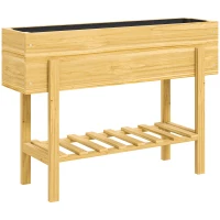 Outsunny Wooden Raised Garden Bed, Elevated Planter Box with Bed Liner, Drainage Holes and Storage Shelf, Raised Planter for Vegetables, Flowers, Herbs, 100 x 30 x 71 cm, Natural Wood Finish(m-1)