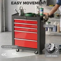 HOMCOM 5-Drawer Tool Chest, Lockable Steel Tool Storage Cabinet with Wheels and Handle Tool Box for Garage, Workshop, Red(m-6)