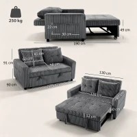 HOMCOM 2-Sitzer Sofabett, Cordbezug, zum Schlafsofa umwandelbar, 2 Kissen, Seitentaschen, 157 x 190 cm, Dunkelgrau(m-3)