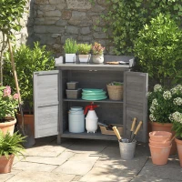 Outsunny Gartenschrank mit Pflanztisch, Holz Geräteschuppen mit verzinkter Arbeitsplatte 2 Regalböden Grau(m-2)