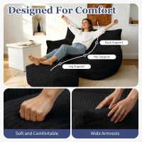 Oversized 2-Seater Corduroy Sofa with Ottoman, Comfortable Couch for Couples and Family, 100L x 135W x 75H cm, Black(m-7)