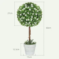 HOMCOM Set of 2 Decorative Artificial Plants, Ball Topiary Tree with Rose Flower in Pot, Fake Plants for Home Indoor Outdoor Decor, 60cm, White(m-3)