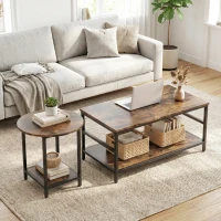 HOMCOM Couchtisch-Set, 2-teilig, rechteckiger und runder Tisch mit 2-stufigem Stauraum, für Wohnzimmer, Rustikal-Braun(m-10)