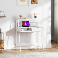 HOMCOM Bureau secrétaire Bureau Informatique Style néo-rétro tiroir Niche étagère métal Blanc(m-2)