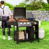 Outsunny 3+1 Burner Gas BBQ Grill with Storage Cabinet and Shelves, 9.5 kW Gas Barbecue Trolley with 6 Castor Wheels, Warming Rack, Thermometer for Outdoor Cooking Garden Party, Black(m-10)